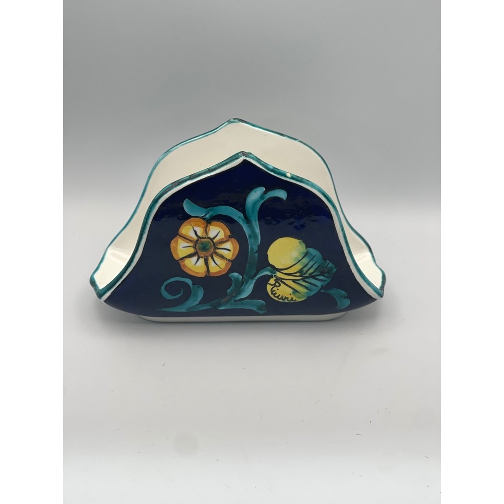 Italian Pottery Napkin Holder Sunflower Lemon Blue Ceramic Hand Painted 6.5"